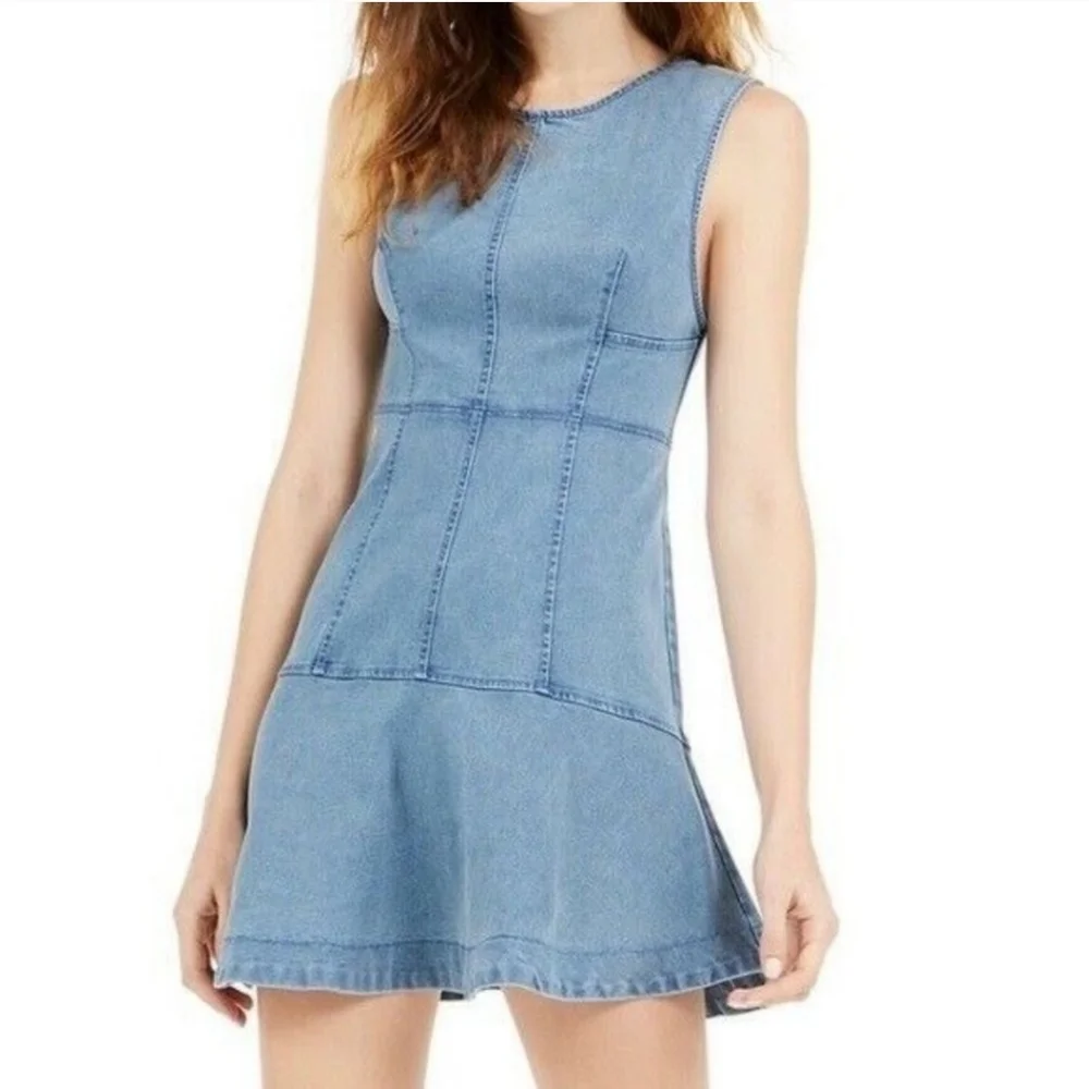 Free People Light Blue Denim Chambray Seamed Fit And Flare Skater Alex Dress - 6 - Picture 11 of 11